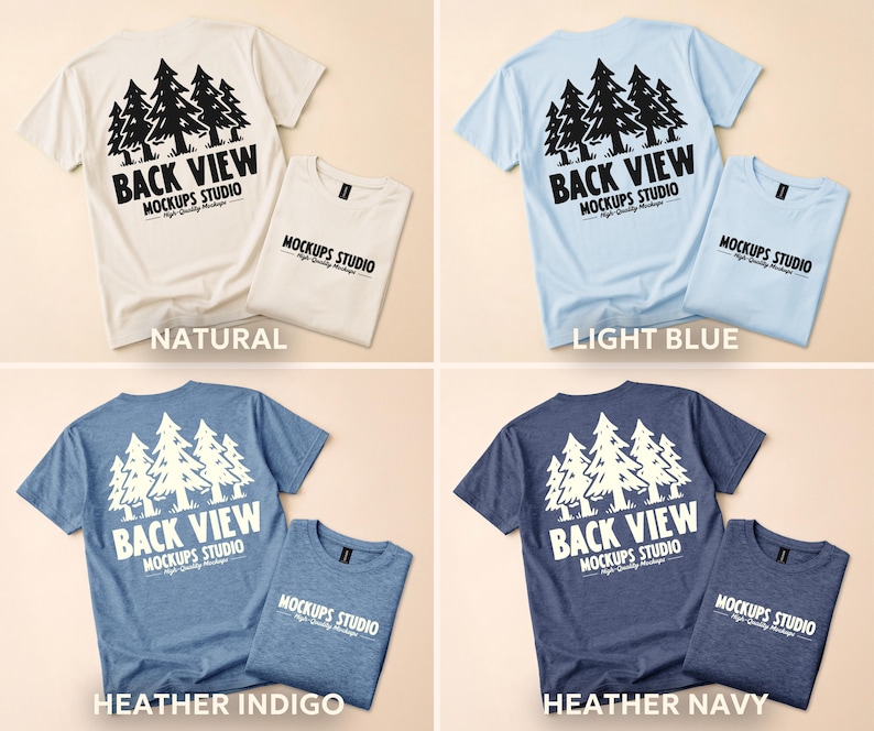 May include: Four t-shirts in different colors: natural, light blue, heather indigo, and heather navy. Each shirt has a graphic of trees and the text "BACK VIEW MOCKUPS STUDIO". Folded shirts are next to each displayed shirt.