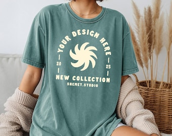 Light Green Comfort Colors 1717 T-Shirt Mockup, CC1717 Oversized Tee on Model, Front Print Area PSD JPEG Canva Digital Download