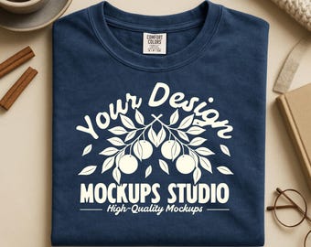 True Navy Comfort Colors C1717 T-Shirt Mockup | CC 1717 Folded Flat Lay Shirt Mock | Cozy Boho with Coffee & Book Garment-Dyed PSD JPEG