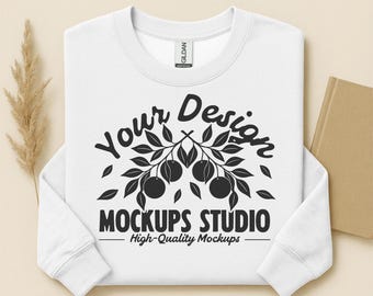 White Gildan 18000 Sweatshirt Flat Lay Mockup | G180 Crewneck Flat Lay Folded Mock | PSD JPEG Canva Sweatshirt Mockup