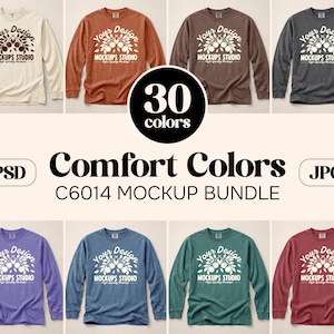 Op de afbeelding: Een mockup-bundel met shirts met lange mouwen in verschillende kleuren, waaronder crème, roest en antraciet. Elk shirt toont de tekst "Your Design" en "MOCKUPS STUDIO". De afbeelding bevat ook de tekst "30 kleuren", "Comfort Colors" en "C6014 MOCKUP BUNDLE".