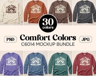 30X Comfort Colors C6014 Long Sleeve Flat Lay Mockup Bundle | CC 6014 Unfolded  Long Sleeve Mock-Up | Set for Canva, Photoshop