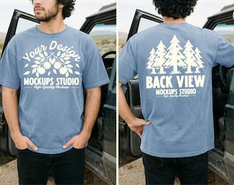Washed Denim Comfort Colors C1717 Front & Back Men T-Shirt Mockup | CC 1717 T-Shirt Mock-up | Outdoor Dual View Lifestyle Car PSD JPEG