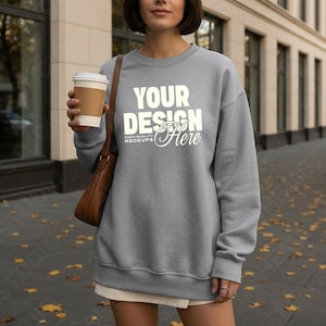 Sport Grey Gildan 18000 Sweatshirt Mockup, Autumn Street Lifestyle on Model, G180 Streetwear Mock, Oversized Crewneck PSD JPEG Canva