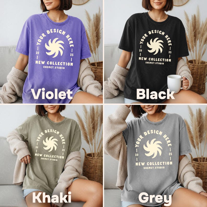 May include: Four t-shirts in violet, black, khaki, and grey. Each shirt has a round graphic with the text "YOUR DESIGN HERE" and "NEW COLLECTION SHEMET.STUDIO". The shirts are short-sleeved.