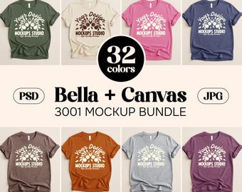 32X Bella Canvas 3001 Tshirt Flat Lay Mockup Bundle | BC 3001 T-Shirt Mock-up Bundle | Minimal Basic Background Set for Canva, Photoshop