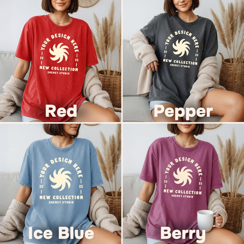 May include: Four different colored t-shirts: red, pepper, ice blue, and berry. Each shirt has a circular design with the text "YOUR DESIGN HERE" and "NEW COLLECTION SHEMET.STUDIO". The shirts are displayed on a person.