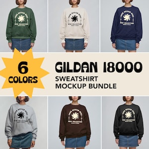 Lot de 6 maquettes de sweat-shirt Gildan 18000, sur des maquettes, sable noir cendré bleu marine chocolat noir vert militaire PSD JPEG, maquettes sur toile