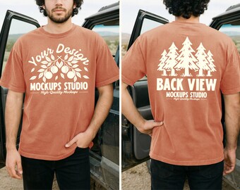 Terracotta Comfort Colors C1717 Front & Back Men T-Shirt Mockup | CC 1717 T-Shirt Mock-up | Outdoor Dual View Lifestyle Car PSD JPEG