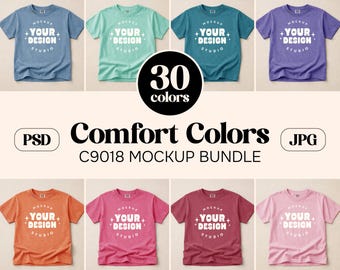 30X Comfort Colors C9018 Flat Lay T-shirt Mockup Bundle | С9018 Kids Unfolded Shirt Mock-Up | Oversized Youth Shirt Tee | Set JPG, PSD