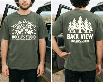 Moss Comfort Colors C1717 Front & Back Men T-Shirt Mockup | CC 1717 T-Shirt Mock-up | Outdoor Dual View Lifestyle Car PSD JPEG