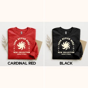 Puede incluir: Dos sudaderas de cuello redondo, una roja cardenal y otra negra, cada una con un dise&ntilde;o circular con el texto "YOUR DESIGN HERE" y "NEW COLLECTION". La sudadera roja cardenal tiene el texto "CARDINAL RED" debajo, y la negra "BLACK".