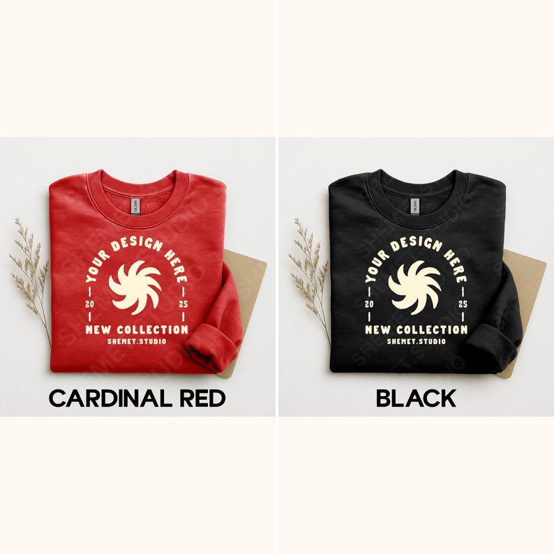 Puede incluir: Dos sudaderas de cuello redondo, una roja cardenal y otra negra, cada una con un dise&ntilde;o circular con el texto "YOUR DESIGN HERE" y "NEW COLLECTION". La sudadera roja cardenal tiene el texto "CARDINAL RED" debajo, y la negra "BLACK".