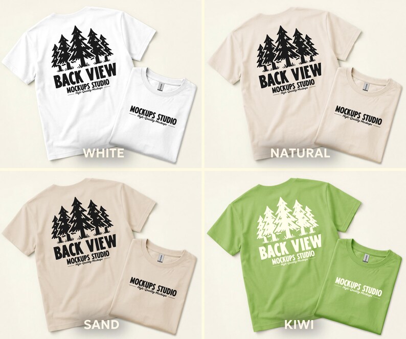 Peut inclure: Quatre t-shirts de couleurs diff&eacute;rentes : blanc, naturel, sable et vert kiwi. Chaque t-shirt pr&eacute;sente un motif d'arbre noir et le texte "BACK VIEW" et "MOCKUPS STUDIO".