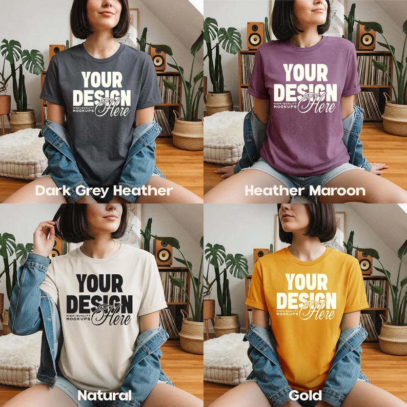 May include: Four t-shirts in different colors: dark grey heather, heather maroon, natural, and gold. Each shirt has the text "YOUR DESIGN Here" in a bold, white font. The shirts are displayed on a person wearing a denim jacket.