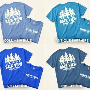 Peut inclure: Quatre t-shirts &agrave; manches courtes de couleur bleue : Bleu Columbia, Saphir Antique, Bleu Royal et Bleu Indigo. Chaque t-shirt pr&eacute;sente un motif blanc d'arbres et le texte "BACK VIEW" et "MOCKUPS STUDIO".