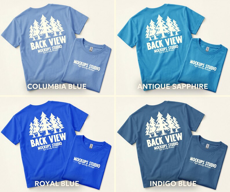 Peut inclure: Quatre t-shirts &agrave; manches courtes de couleur bleue : Bleu Columbia, Saphir Antique, Bleu Royal et Bleu Indigo. Chaque t-shirt pr&eacute;sente un motif blanc d'arbres et le texte "BACK VIEW" et "MOCKUPS STUDIO".