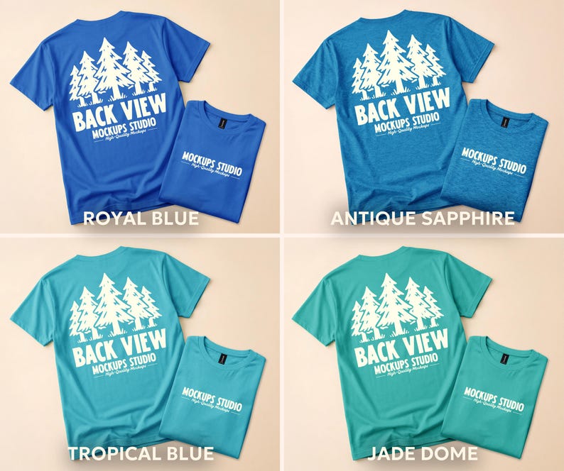 May include: Four t-shirts in different colors: royal blue, antique sapphire, tropical blue, and jade dome. Each shirt has a white graphic of pine trees and the text "BACK VIEW" and "MOCKUPS STUDIO". Each shirt is paired with a folded matching shirt.
