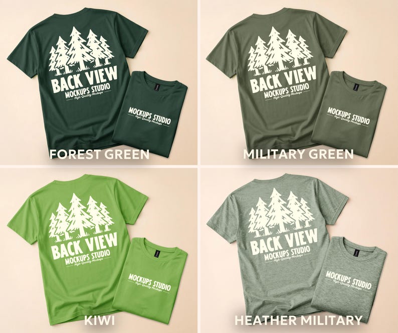 May include: Four t-shirts in various shades of green: forest, military, kiwi, and heather military. Each shirt features a white graphic of pine trees and the text "BACK VIEW MOCKUPS STUDIO". The shirts are displayed with a folded shirt of the same color.
