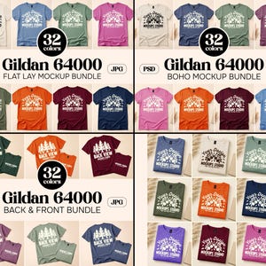 May include: A mockup bundle of Gildan 64000 t-shirts in various colors, including white, blue, green, and pink. The image displays flat lay, boho, and back & front mockups. Each mockup shows 32 colors. The text "MOCKUPS STUDIO" is visible on some shirts.