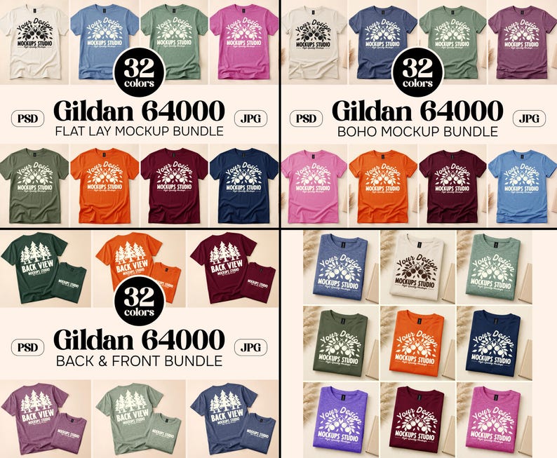 May include: A mockup bundle of Gildan 64000 t-shirts in various colors, including white, blue, green, and pink. The image displays flat lay, boho, and back & front mockups. Each mockup shows 32 colors. The text "MOCKUPS STUDIO" is visible on some shirts.