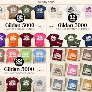 May include: A flat lay mockup bundle of Gildan 5000 t-shirts in various colors, including white, brown, green, and blue. The image showcases front and back views, with the text "32 colors" and "Gildan 5000" displayed prominently. The mockup includes PSD and JPG options.