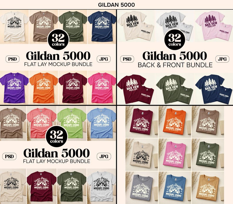 May include: A flat lay mockup bundle of Gildan 5000 t-shirts in various colors, including white, brown, green, and blue. The image showcases front and back views, with the text "32 colors" and "Gildan 5000" displayed prominently. The mockup includes PSD and JPG options.