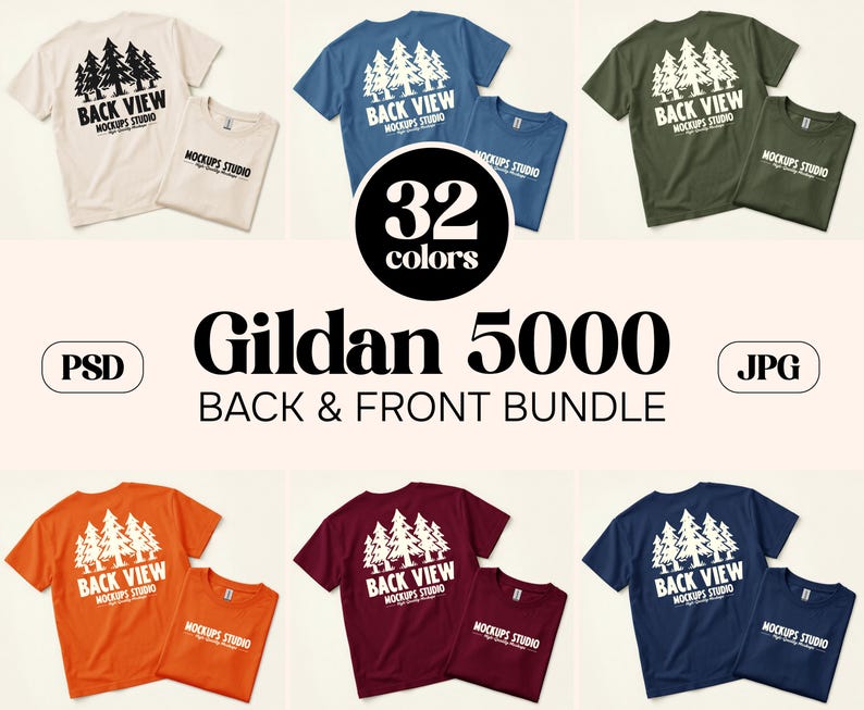 Lot de 32 maquettes de t-shirts à plat Gildan 5000 | Maquette de chemise G500 à l'avant et à l'arrière | T-shirt oversize | Kit pour toile, Photoshop image 1