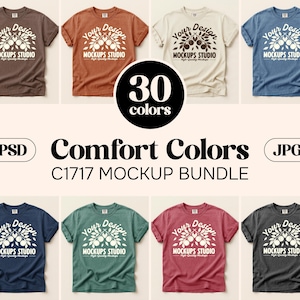 Könnte beinhalten: Ein Mockup-Bundle von Comfort Colors T-Shirts in verschiedenen Farben, darunter Braun, Orange, Creme und Blau. Jedes Shirt zeigt ein weißes Design mit dem Text "Your Design" und "MOCKUPS STUDIO". Das Bild enthält auch den Text "30 Farben" und "C1717 MOCKUP BUNDLE".