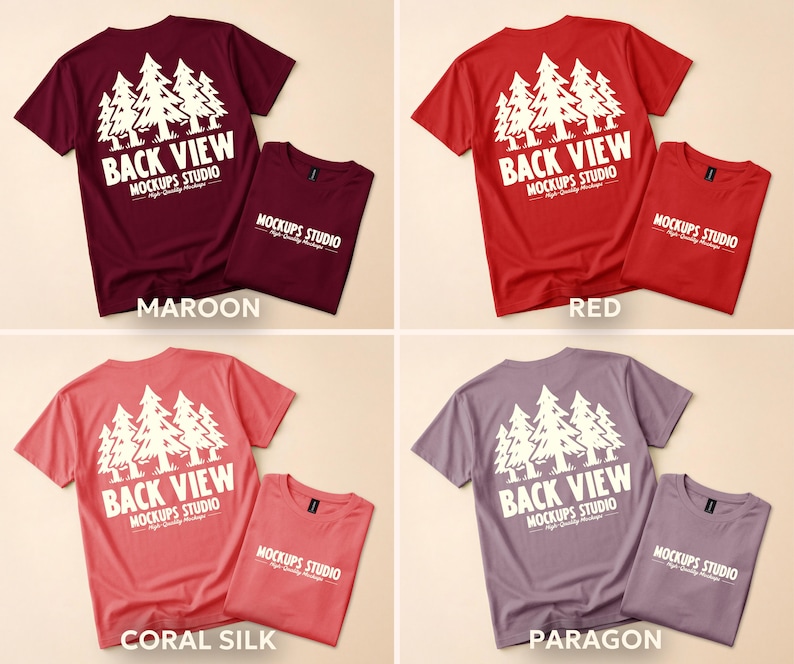 May include: A collection of short-sleeved t-shirts in various colors: maroon, red, coral silk, and paragon. Each shirt features a white graphic of pine trees and the text "BACK VIEW MOCKUPS STUDIO". A smaller, folded shirt of the same color is next to each.
