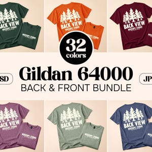 以下が含まれることがあります： さまざまな色のGildan 64000 Tシャツのコレクションで、前面と背面のデザインを紹介しています。各シャツには、白い松の木のグラフィックと「BACK VIEW MOCKUPS STUDIO」のテキストがあります。画像には「32色」と「BACK & FRONT BUNDLE」のテキストが含まれています。