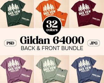 Paquete de 32 maquetas de camisetas Gildan 64000 de diseño plano / Maqueta de camiseta G640 delantera y trasera / Camiseta extragrande / Conjunto para Canva y Photoshop