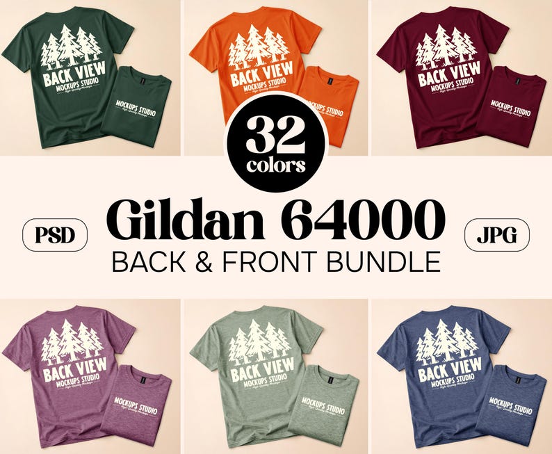 May include: A collection of Gildan 64000 t-shirts in various colors, showcasing front and back designs. Each shirt features a white graphic of pine trees and the text "BACK VIEW MOCKUPS STUDIO". The image includes the text "32 colors" and "BACK & FRONT BUNDLE".