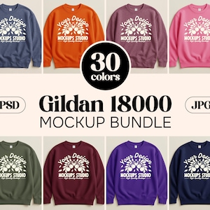 May include: A mockup bundle of Gildan 18000 sweatshirts in various colours, including blue, orange, pink, and green. Each sweatshirt displays a white logo with the text "Your Design" and "MOCKUPS STUDIO". The image also includes the text "30 colours", "PSD", and "JPG".