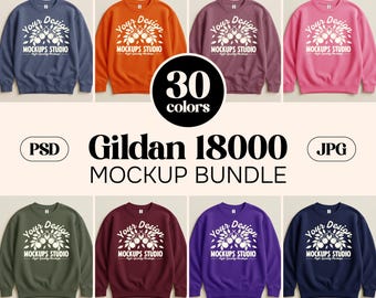 30X Gildan 18000 Sweatshirt Mockup Bundle | G180 Crewneck Flat Lay Unfolded Mock-up Bundle | Simple Minimal Basic Solid Background