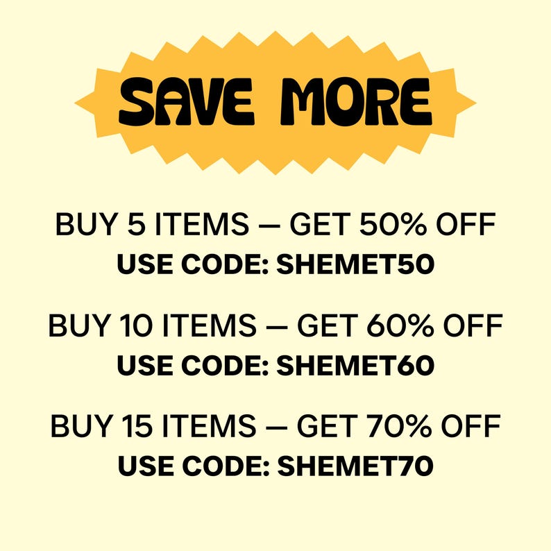 Peut inclure: Graphique promotionnel avec le texte "SAVE MORE" en noir sur une forme d'&eacute;clat jaune. En dessous, le texte propose des r&eacute;ductions : Achetez 5 articles, obtenez 50% de r&eacute;duction, utilisez le code SHEMET50 ; Achetez 10 articles, obtenez 60% de r&eacute;duction, utilisez le code SHEMET60 ; Achetez 15 articles, obtenez 70% de r&eacute;duction, utilisez le code SHEMET70.
