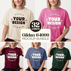 May include: A mockup bundle featuring Gildan 64000 t-shirts in various colors. Each shirt displays the text "MOCKUP YOUR DESIGN STUDIO". The image showcases a range of colors, including beige, pink, burgundy, blue, and green.