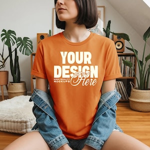 Burnt Orange Bella Canvas 3001 T-Shirt Mockup, BC 3001 Tee Boho Home Lifestyle on Model PSD JPEG for Canva