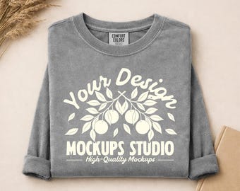 Grey Comfort Colors C6014 Long Sleeve Flat Lay Mockup | CC 6014 Folded Boho Long Sleeve Mock-Up | PSD, JPG