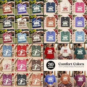 May include: A collection of t-shirts in various colors, each featuring a design of stylized trees and the text "Your Design" and "Mockups Studio". The shirts are arranged in rows, showcasing a variety of hues, including blue, red, and green.