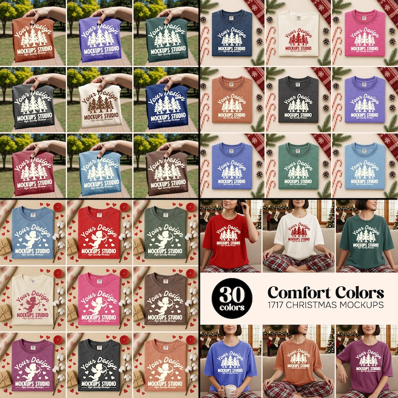 May include: A collection of t-shirts in various colors, each featuring a design of stylized trees and the text "Your Design" and "Mockups Studio". The shirts are arranged in rows, showcasing a variety of hues, including blue, red, and green.