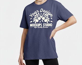 ヘザーネイビー Bella Canvas 3001 Tシャツ モックアップ（モデル着用） | BC3001 シャツ モックアップ | オーバーサイズ シャツ Tシャツ | Canva、Photoshop 用