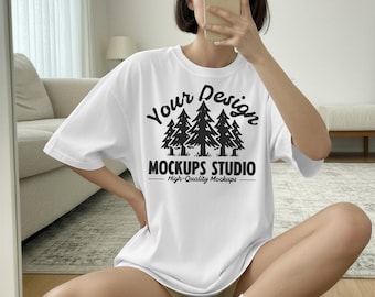 White Comfort Colors 1717 T-Shirt Mockup, Oversized Shirt On Model Boho, Garment-Dyed Tee Mockups, C1717 for Canva & Photoshop