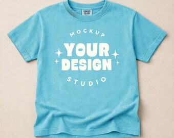 Lagoon Comfort Colors C9018 Flat Lay T-shirt Mockup | С9018 Kids Unfolded Shirt Mock-Up | Oversized Youth Shirt Tee | JPG, PSD