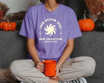 Violet Comfort Colors 1717 Summerween Mockup | C1717 T-Shirt Mockups | Halloween Fall Aesthetic | Retro Halloween Comfort Colors Mock-uplogo