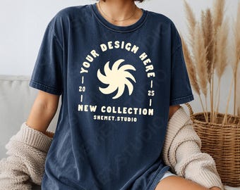 Navy Comfort Colors 1717 T-Shirt Mockup, CC1717 Oversized Tee on Model, Front Print Area PSD JPEG Canva Digital Download