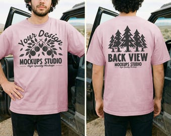 Blossom Comfort Colors C1717 Front & Back Men T-Shirt Mockup | CC 1717 T-Shirt Mock-up | Outdoor Dual View Lifestyle Car PSD JPEG