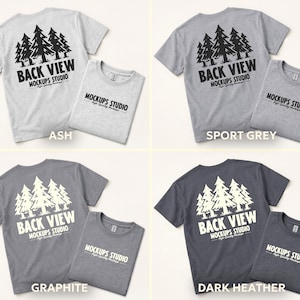 Peut inclure: Quatre t-shirts gris de diff&eacute;rentes nuances. Le dos de chaque t-shirt pr&eacute;sente un motif d'arbres et le texte "BACK VIEW MOCKUPS STUDIO". Les t-shirts pli&eacute;s affichent le texte "MOCKUPS STUDIO".
