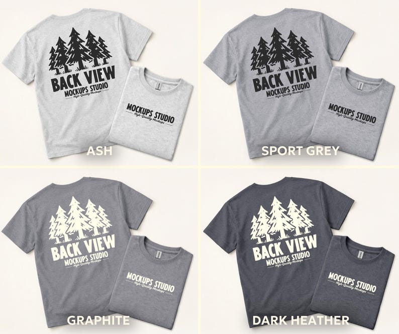 Peut inclure: Quatre t-shirts gris de diff&eacute;rentes nuances. Le dos de chaque t-shirt pr&eacute;sente un motif d'arbres et le texte "BACK VIEW MOCKUPS STUDIO". Les t-shirts pli&eacute;s affichent le texte "MOCKUPS STUDIO".