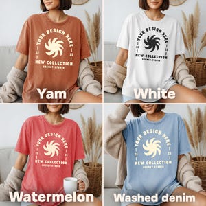 May include: Four t-shirts in different colors: Yam, White, Watermelon, and Washed Denim. Each shirt has a round graphic with the text "YOUR DESIGN HERE" and "NEW COLLECTION SHEMET.STUDIO".